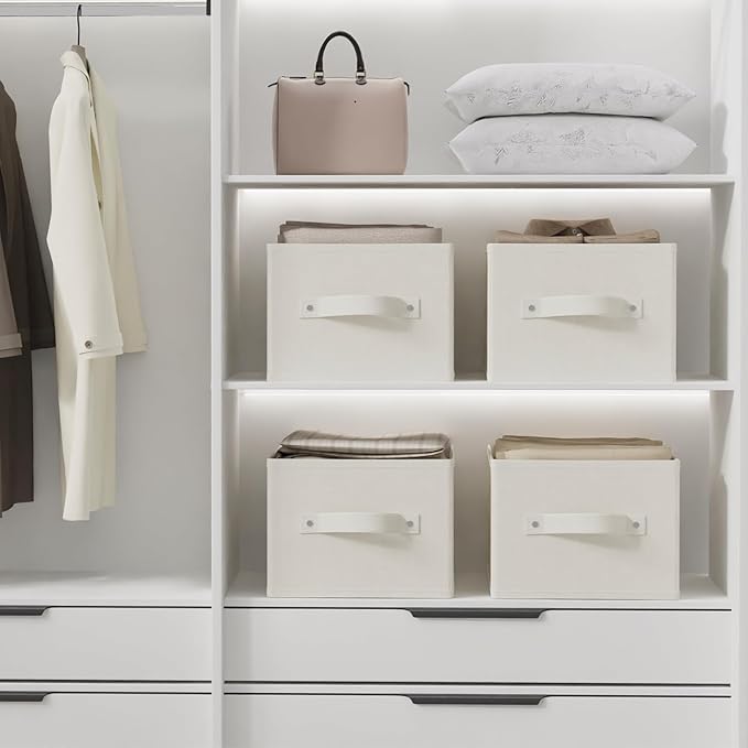 Foldable Closet Organizer, 3 Pack Cube Storage Bin, Clothes Basket for Shelves with 2 Handles, Saving Space, Beige, 18.5 x 11 x 7.9 In, XSNY11BEL-3