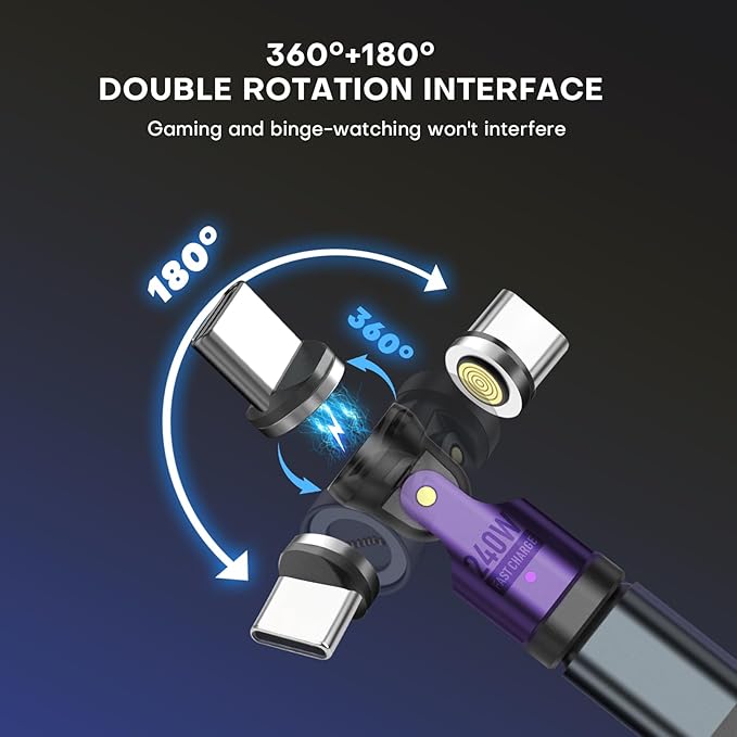 Magnetic USB C 90 Degree Adapter 240W, Can Be Type-C Cord Into Right Angle Magnetic USB C Charging Cable, Magnet Charger USBC Adapter 180&360 OTG Tips for Phone 17/16 Tablet(2 Pack Purple)