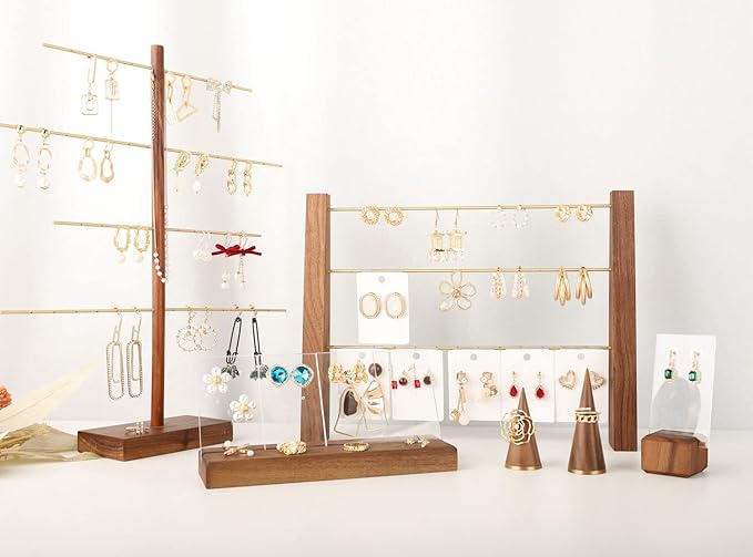 GemeShou 3 Tiers Walnut Earring display stands for selling, Wooden Jewelry Shelf, Earring Storage Organizer, Brass earring holders with 42 holes for stud Dangle Hoop【Walnut 3-Tier Height 9.45"】