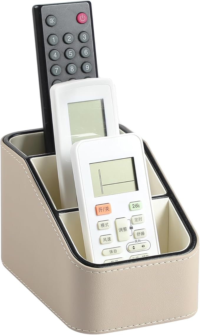 PU Leather Remote Control Holder, Small Desk Organizer Office Supply Bedside Caddy for Nightstand End Table Couch, Pen Remote Organizer with 3 Compartments (Beige)