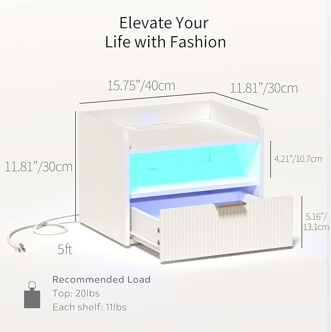 White Floating Nightstand with Charging Station and LED Lights (White)