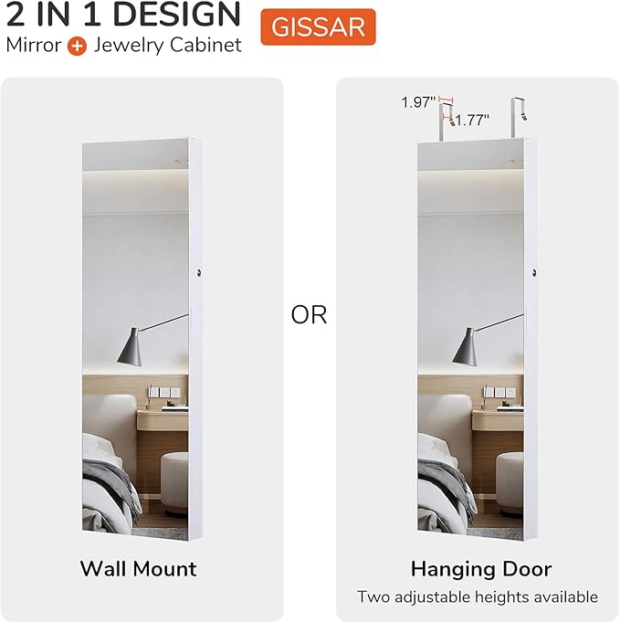 GISSAR Full Length Mirror Jewelry Cabinet, 6 LEDs Jewelry Armoire Wall Mounted Over The Door Hanging, Jewelry Organizer Storage with Lights Lockable, Bright White, 14.6" x 47.2"