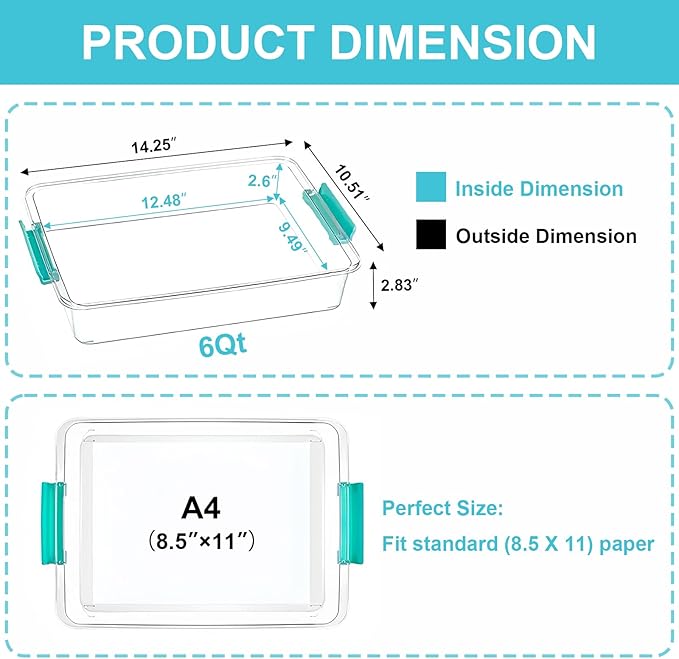 6 Qt Clear Plastic Storage Bins Containers with Lids, Arts Crafts Organizers and Storage, Stackable Containers for A4 Paper File Scrapbook Documents for Home Office and School Supplies 2 Pack