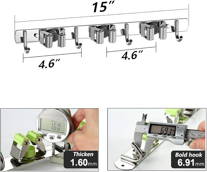 DGSL 1 PCS Broom Holder Wall Mount with 3 Racks 4 Hooks, Stainless Steel Wall Mounted Organizer Mop and Broom Storage Tool Rack for Home Kitchen Garden
