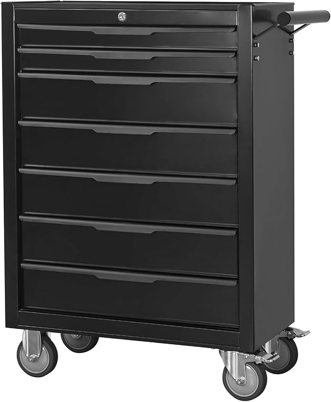 7-Drawer Rolling Tool Chest Cabinet, Large Capacity Metal Tool Box with Wheels and Cylinder Locking, Roll Around Storage Organizer Tool Cart for Garage, Warehouse, Work Shop - Black