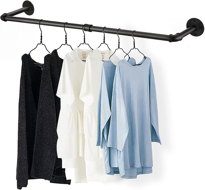 48” Wall Mounted Clothes Rack, Industrial Pipe Black Iron Garment Bar, Heavy-Duty Detachable Clothing Rod, Multi-Purpose Metal Wall display Hanging Pole for Closet Storage, Laundry Room 2 Base