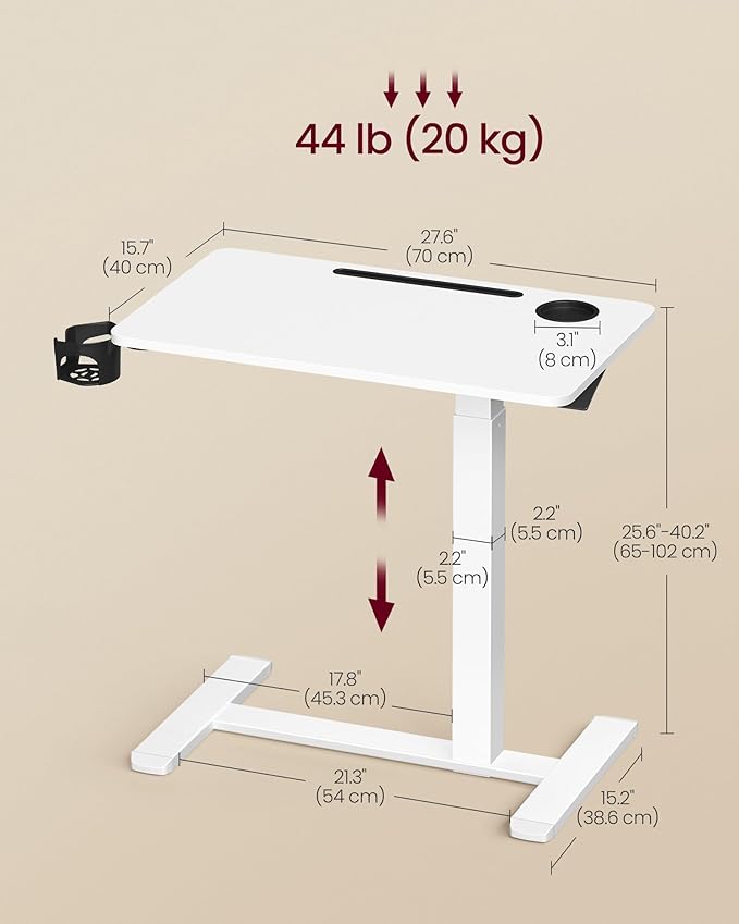 VASAGLE Overbed Table with Wheels, Mobile Standing Computer Desk, 27.6 x 15.7 Inches Tabletop, Adjustable Height, 2 Cup Holders, Phone and Tablet Slot, Cloud White ULSD600W01
