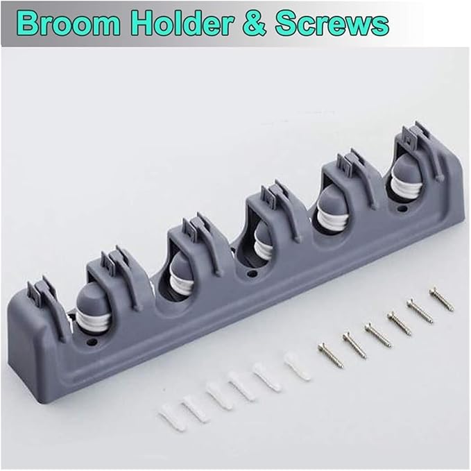 16 Inch Broom Holder Wall Mount with 6 Hooks, ABS Plastic Mop and Tool Organizer Rack for Garage Kitchen Laundry Room