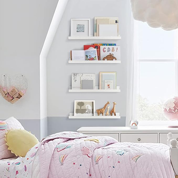 Forbena 24 Inch Floating Nursery Book Shelves for Wall, White Kids Wall Bookshelf for Bedroom, Picture Ledge Shelf with Lip for Baby Bathroom, Living Room Office Art Books (Solid Wood, Set of 4)