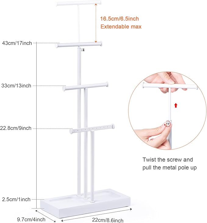 Love-KANKEI Jewelry Tree Stand White Metal and Wood Base Large Storage Jewelry Organizer for Necklaces Bracelets Earrings Holder Organizer Jewelry Display Gift White and White
