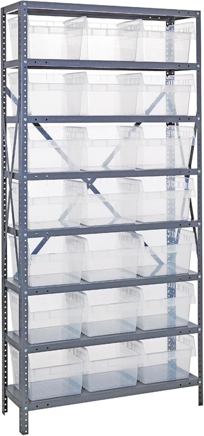 Quantum Storage Systems 1875-SB810CL Solid Heavy Duty 8 Shelves 21 STORE-MAX Clear Bins 75" H x 36" W x 18" D