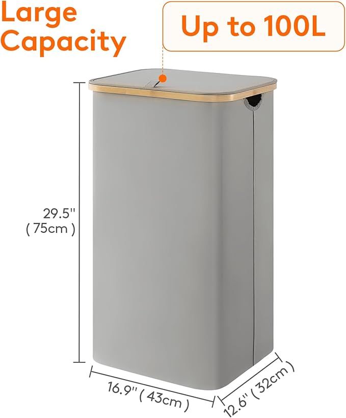 Lifewit 100L Laundry Basket with Lid, Clothes Hampers for Laundry with Bamboo Handles and A Removable Laundry Bag, Large Foldable Hamper for Bedroom, Bathroom, Dorm, Laundry Room, Silver Grey
