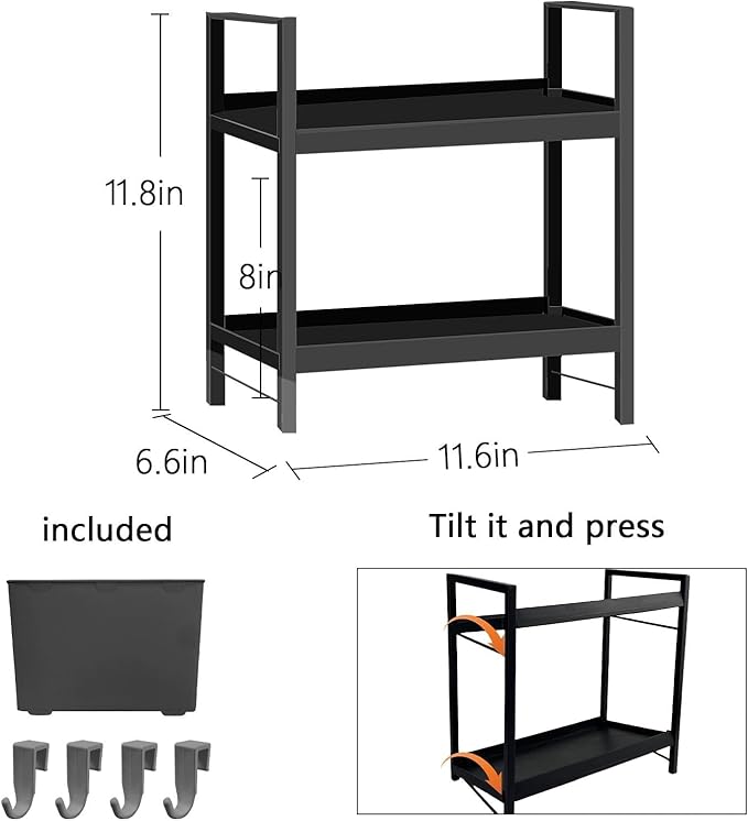 Bathroom Countertop Organizer with Basket & Hooks, 2 Tier Bathroom Organizers and Storage for Perfume, Cologne, Spice, Black Vanity Organizer for Kitchen, Office and Under Sinks