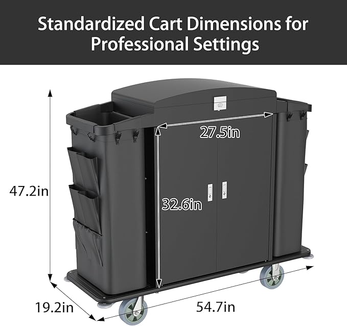 Heavy Duty Metal Housekeeping Janitorial Cart with Wheels,Silent Casters,Locking Large Capacity Cabinets,Cleaning cart for Housekeeping/Commercial Facility/Hotel/Stadium/School