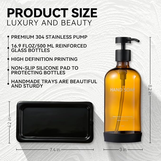 Glass Kitchen Soap Dispenser Set with Ceramic Tray,16.9 floz Hand and Dish Soap Dispenser for Kitchen and Bathroom Decor (Amber Bottles + Black Pumps)