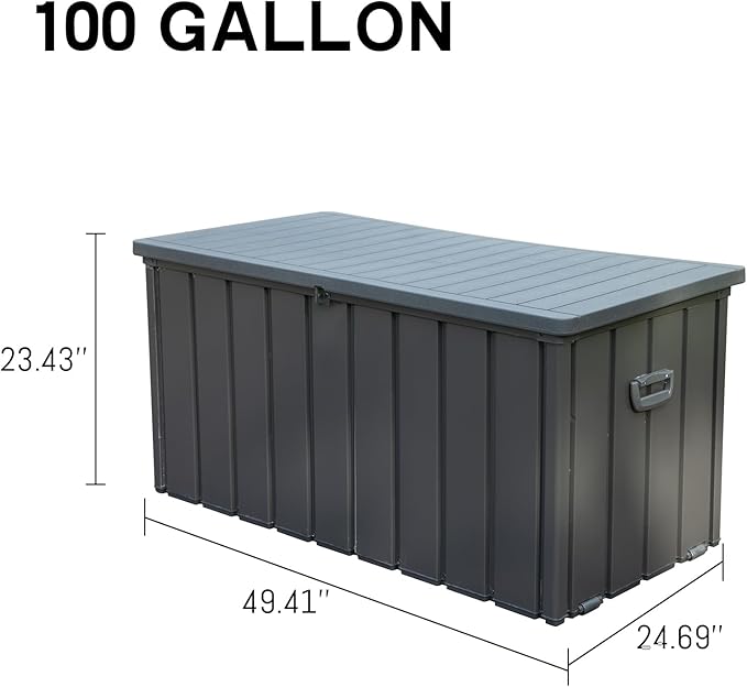 KUIKUI 100 Gallon Deck Box Waterproof, 100 Gallon Outdoor Storage Box, Metal Deck Box Waterproof for Pool Patio Cushions and Sports Pools Equipment, Dark Gray