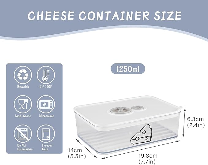 Cheese Container for Refrigerator,Cream Cheeses Storage Box,Cheese Keeper with Airtight Lid and Time Recording,BPA-Free Kitchen Storage Organizer Sliced,Grated,Cheddar Cheeses Saver,clear