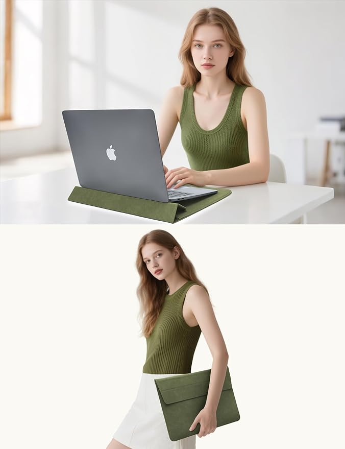 HYZUO 15 Inch Laptop Sleeve Case with Stand Feature for MacBook Air 15 M4 A3241 M3 A3114 M2 A2941 2025-2023, MacBook Pro 15, 15" Surface Laptop 7/6/5/4/3, with Carrying Pouch, Olive Green