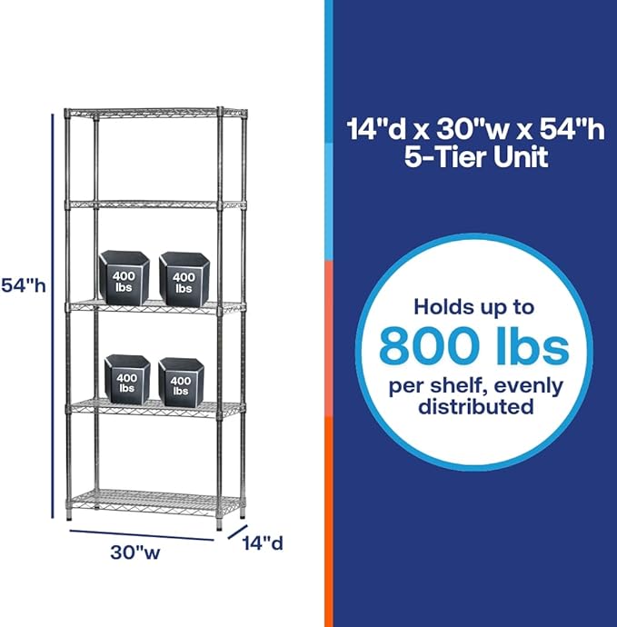 Shelving Inc. 14"d x 30" w x 54" h Chrome Wire Shelving with 5 Tier Shelves, Weight Capacity 800lbs Per Shelf