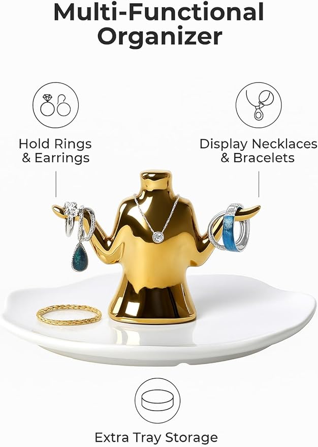 Gold Jewelry Holder with Tray – Ceramic Ring Dish, Earring Stand, Necklace & Bracelet Organizer – Decorative Trinket Dish Jewelry Organizer for Vanity, Dresser, or Nightstand
