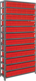Quantum 1875-602RD Heavy Duty Shelving Unit with (13) Shelves and (72) QED602 Red Bins for Industrial Warehouse Storage Distribution | 400 lbs Capacity | 18"D x 36"L x 75"H, Galvanized Carbon Steel