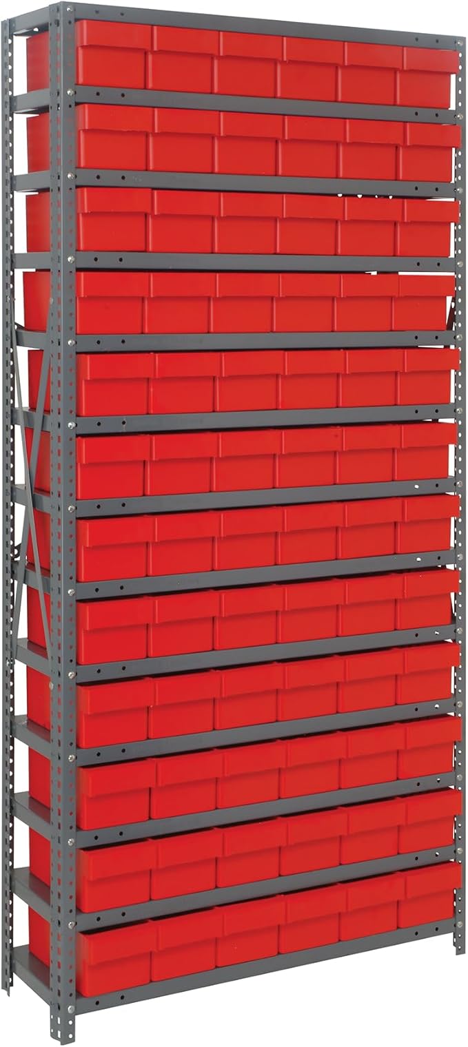 Quantum 1875-602RD Heavy Duty Shelving Unit with (13) Shelves and (72) QED602 Red Bins for Industrial Warehouse Storage Distribution | 400 lbs Capacity | 18"D x 36"L x 75"H, Galvanized Carbon Steel