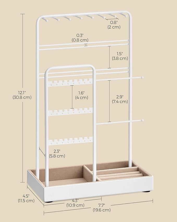 SONGMICS Jewelry Holder, Jewelry Organizer, Jewelry Display Stand with Metal Frame, Velvet Tray, Necklace Earring Bracelet Holder, for Studs, Rings, Christmas Gift, Matte White UJJS021W01