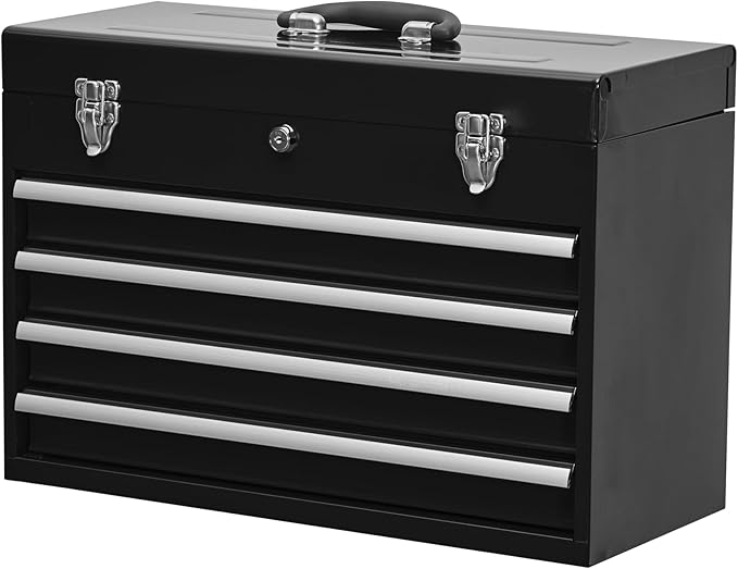 Metal Tool Box Organizer | Lockable Tool Chest | Toolbox with 4 Sliding Drawers | Small Tool Storage Box Organizer | Portable Toolchest with Keys for Garage Workshop and Tool Room | Black