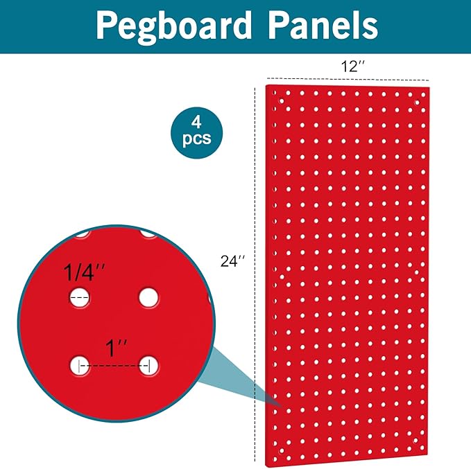 Peg Board,Pegboard Rack Garage Storage Steel Horizontal Peg Board Pack,Steel Pegboard Heavy Duty- 4 Pack 12-Inch X 24-Inch Metal Peg Board Tool Organization Panels (Red)