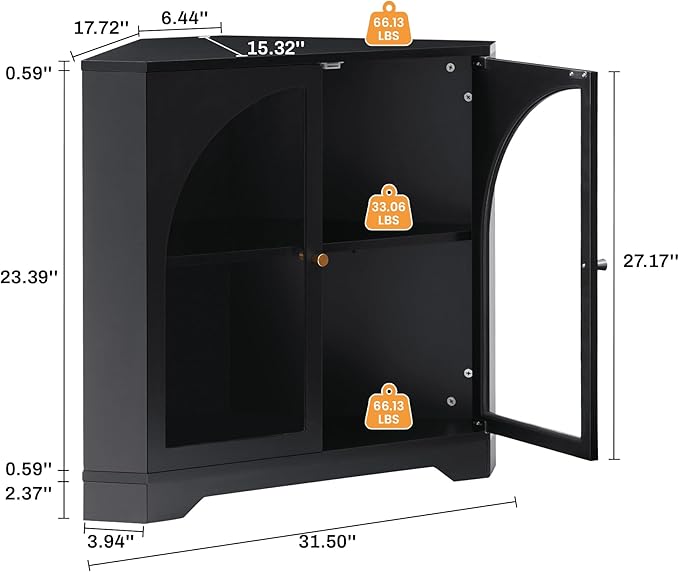 31.5" Mid-Century Modern Small Coner Storage Cabinet, Black Coner Cabinet with Arched Acrylic Mullion Door & Adjustable Shelf for Living Room, Bathroom, Kitchen Coofee Bar (Black)