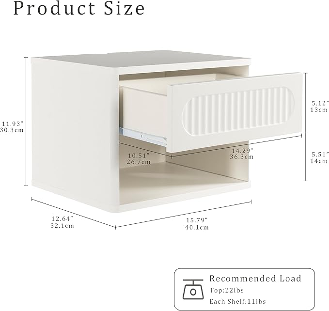 Floating Nightstands with Drawer Set of 2, Modern Wall Mounted Bedside Tables for Bedroom, Space Saving Storage Cabinets, Easy Install Hanging Shelf Night Stands for Small Spaces (White)