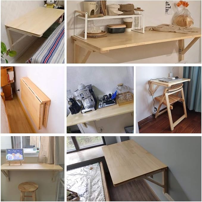 MM MELISEN Solid Wood Wall-Mounted Folding Table in Natural, 23.6" D x 15.7" W. A Space-Saving fold-Down Desk, Ideal for Laundry Rooms, Kitchens, Home Offices, or as a Kids' Study Desk
