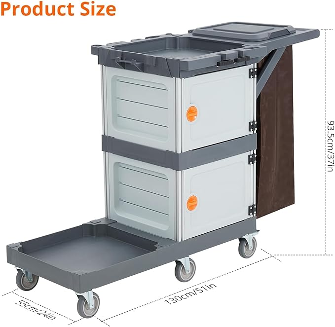 Commercial Janitorial Cleaning Cart: 3 Shelves + 2 Cabinets + Oxford Bag + Cover, Wheel Rolling Housekeeping Cart for School, Hotel, Apartment & More