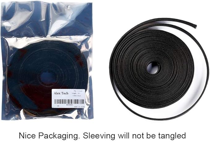 50ft - 1/4 inch & 1/2 inch PET Expandable Braided Sleeving – Black – Alex Tech Braided Cable Sleeve