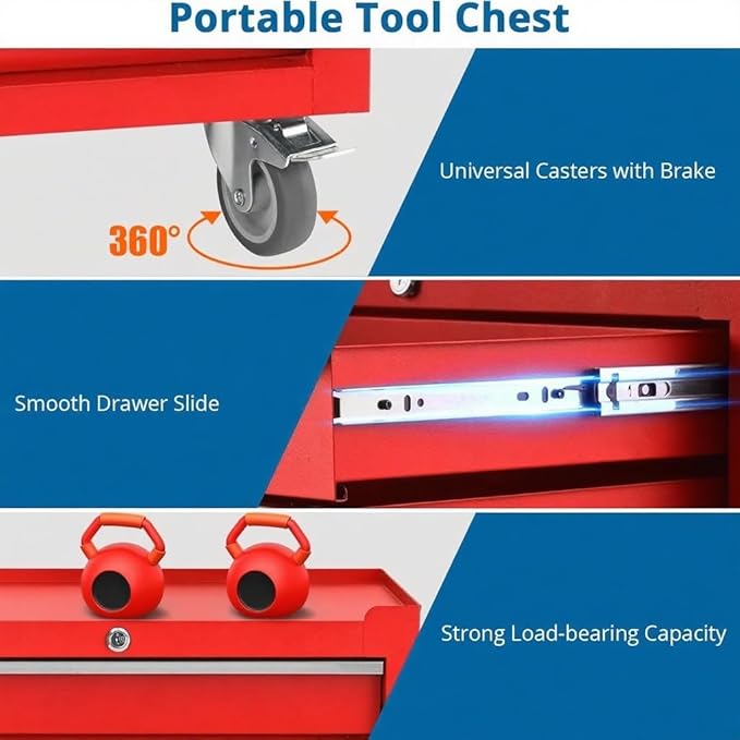 IDEALHOUSE Rolling Tool Chest, 5 Drawers Tool Storage Cabinet, Toolbox with Wheels, Portable Tool Cabinet Organizer with Locking System & Drawer Liners, Tool Storage Cart for Garage, Workshop, Red