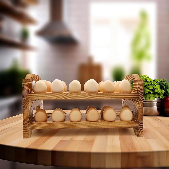 Wooden Egg Holder Countertop, Stackable Egg Storage Trays for 36 Fresh Chicken Deviled Egg Organizer Rustic Kitchen Decoration, Egg Container Rack, set of 2 pieces