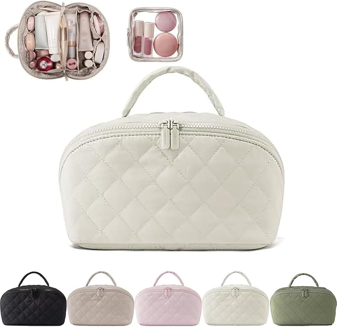 2026 New Travel Makeup Bag,Festivalment Wide Open Lay-Flat Water-Resistant Cosmetic Case,Puffy Padded Organizer for Toiletries & Brushes Large Capacity with Compartments (White)