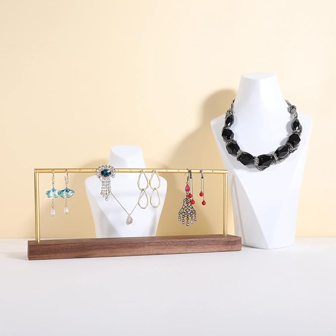 GemeShou wooden earring holder organizer for girls, walnut stud earring display stand for boutique store, jewelry storage organizer shelf【Walnut stand-One Tier】