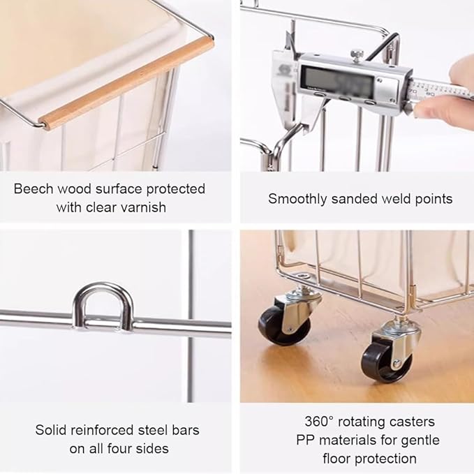 Rolling Laundry Cart with Baskets, Stainless Steel Hamper with Wheels, Slim Laundry Basket Organizer, Foldable Rolling Hamper for Bathroom and Living Room