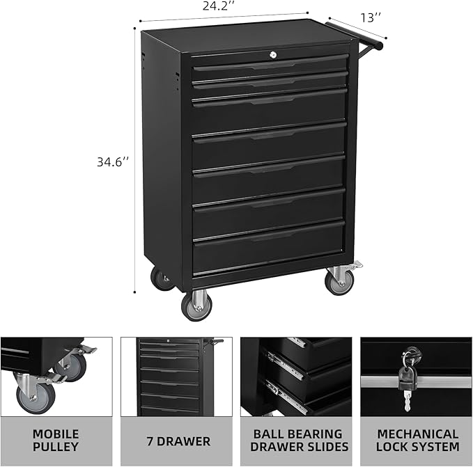 7-Drawer Rolling Tool Chest Cabinet, Large Capacity Metal Tool Box with Wheels and Cylinder Locking, Roll Around Storage Organizer Tool Cart for Garage, Warehouse, Work Shop - Black
