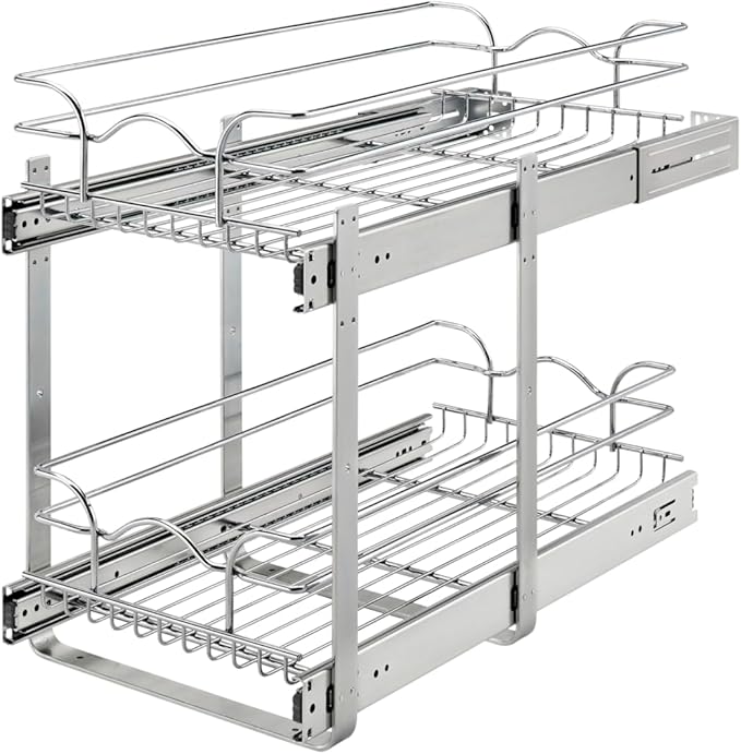 Rev-A-Shelf 2-Tier Kitchen Cabinet Pullout Shelf and Drawer Organizer Slide Out Pantry Storage Basket in Multiple Sizes, 12 x 22 In, 5WB2-1222CR-1
