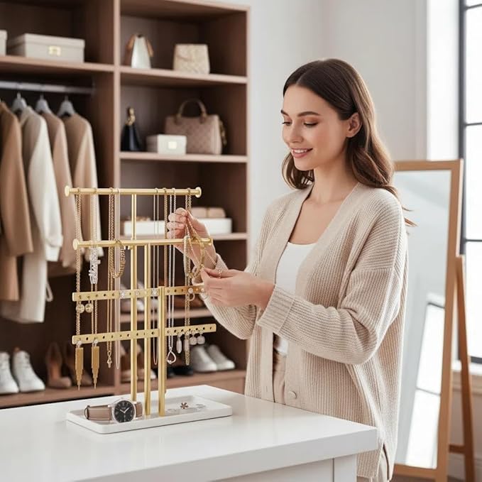 3 Tier Jewelry Holder Organizer, Necklace Display Stand, Height Adjustable Jewelry Tower for All Earrings, Bracelets, Watches, Rings