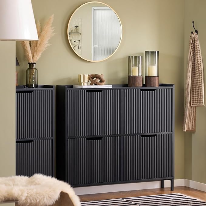 SoBuy Fluted Shoe Cabinet 4 Drawers, Narrow Shoe Storage Organizer for Entryway Black, Thin Free Standing Shoe Rack Porch Front Door, FSR177-L-SCH