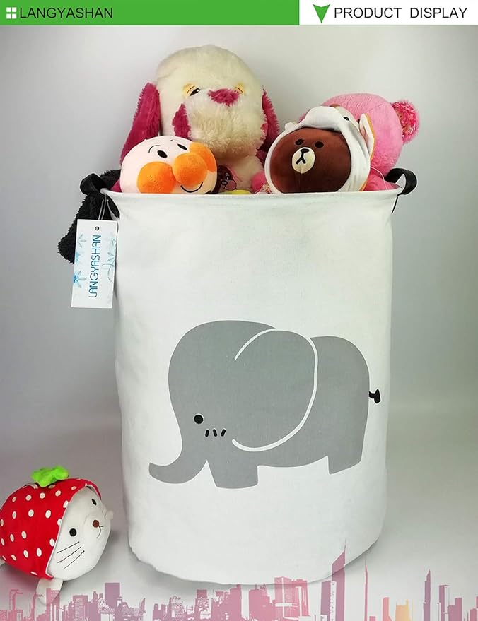 LANGYASHAN Laundry Basket Canvas Fabric Collapsible Organizer Basket for Storage Bin Toy Bins Gift Baskets Bedroom Clothes Children Nursery Hamper (Elephant)