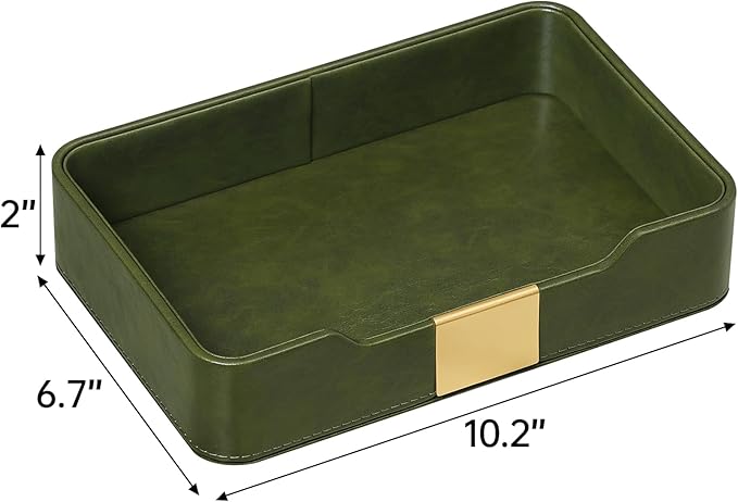 PU Leather Valet Tray with Gold Accent, Decorative Nightstand Organizer Desk Trays Cologne Organizer for Men - Key Bowl Vanity Trinket Tray for Dresser Bedside Entryway Table (Dark Green)