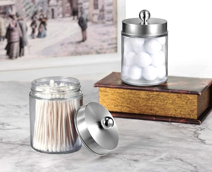 Amolliar 6Pc Apothecary Jars Bathroom Vanity Organizer- Rustic Farmhouse Decor Storage Canister&Stainless Steel Lids- Qtip Dispenser for Q-Tips,Cotton Swabs,Rounds,Ball,Flossers (Brushed Nickel)