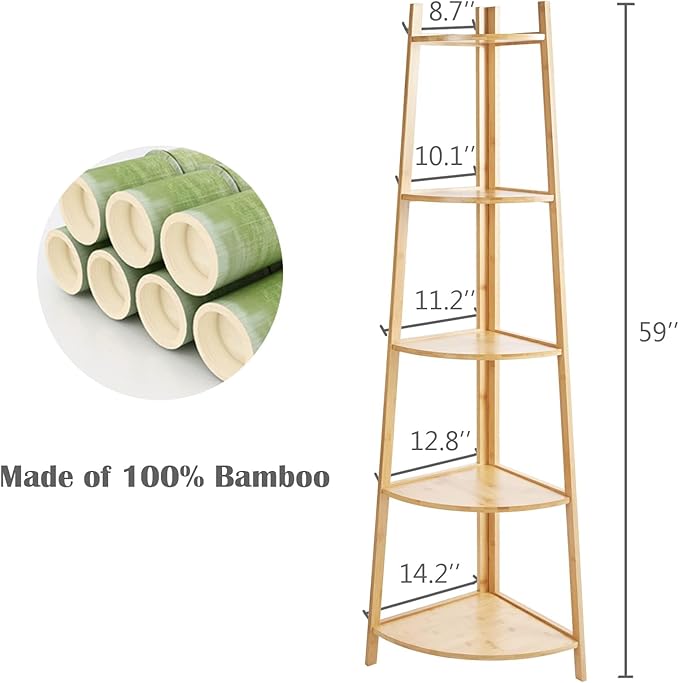 Bamboo Corner Shelf Stand for Display, 59'' Tall Storage Rack, 5-Tier Shelf for Organize