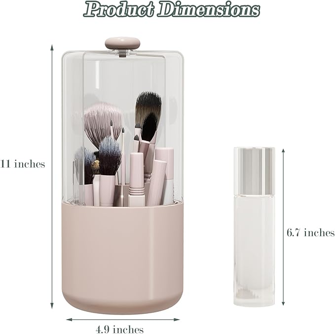 Makeup Brush Holder with Dustproof Cover, Clear 360 Rotating Make Up Brushes Organizer for Counter Vanity Bathroom, Pink