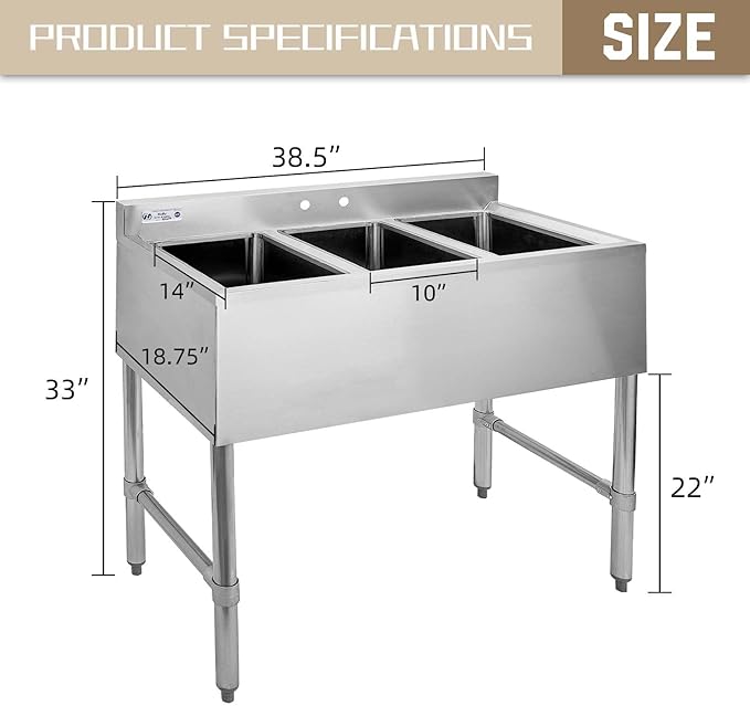 HALLY 3 Compartment Sink of Stainless Steel NSF Commercial Utility Basin with 10" L x 14" W x 10" D Bowl for Bar, Restaurant, Kitchen, Hotel and Home