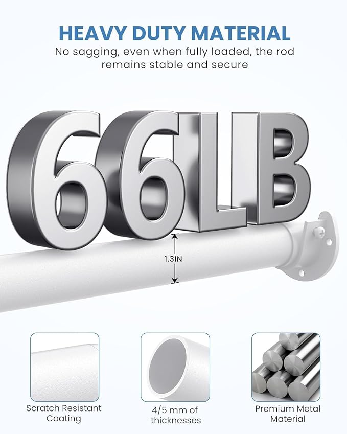 2 PACK Closet Rods for Hanging Clothes, 17 to 69 Inches Stepless Adjustable Metal Closet Rod, 1.3 Inches Heavy Duty Clothes Hanging Rod for Closet Wardrobes Laundry RV, White